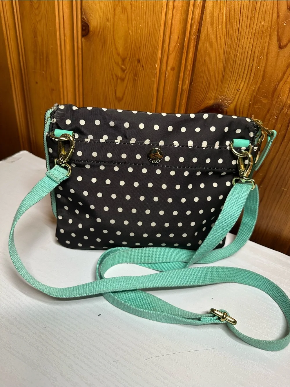 Fossil Black and Mint Polka Dot Crossbody Bag